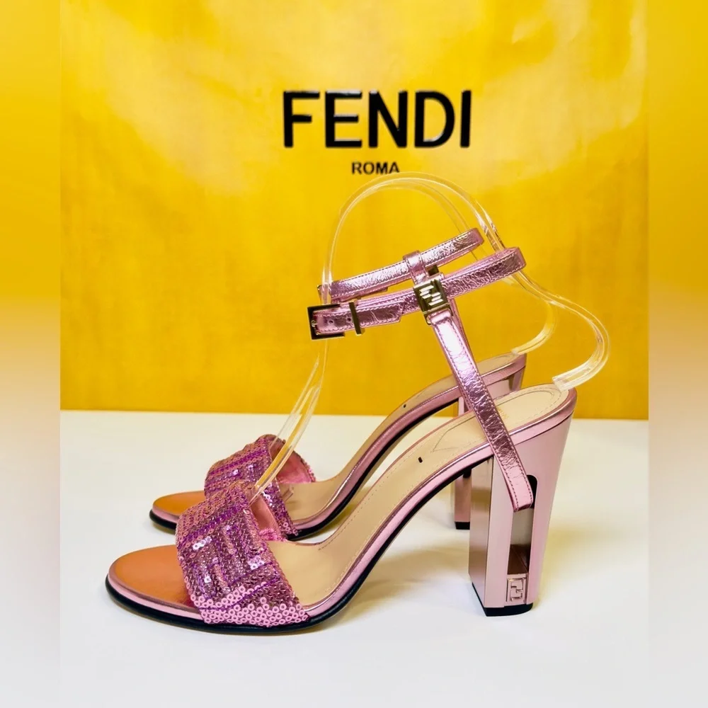 Fendi Delfina Heel Strap Sandals Pink Metallic Goat Leather FF Sequin Size 37 - Picture 12 of 16